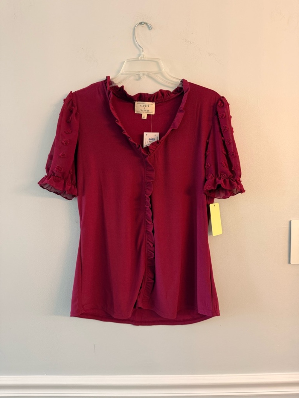 NWT Floral Street Burgundy Ruffle-Trim Short Sleeve Blouse